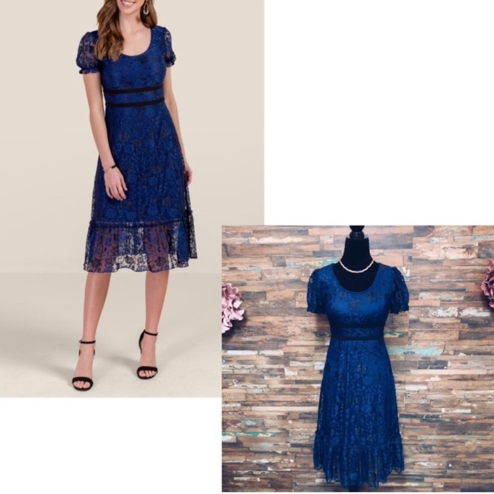 NWT Blue/Black Lace Short Puff Sleeve Midi Dress